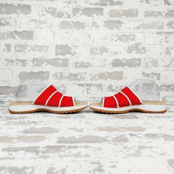 NEW Clarks Red & White Canvas Slides Summer Sandals Shoes M850 - Picture 7 of 11